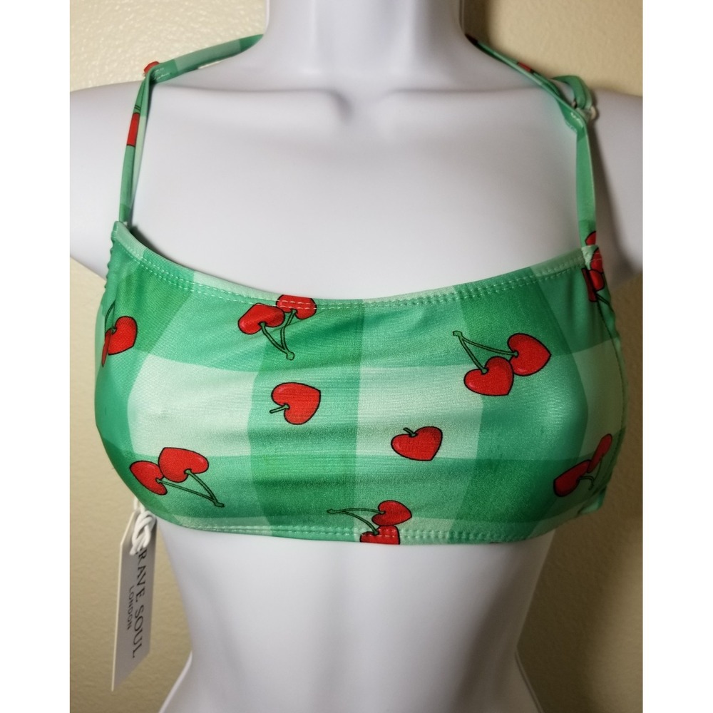 Brave Soul London Green Bikini Top Size XS Cherry Beach Boho Retro Swim Pool NWT